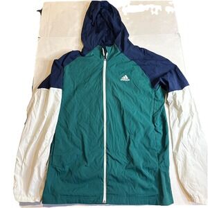 ADIDAS MEN'S GREEN BLUE WHITE ZIP UP LONG SLEEVE HOODED JACKET SIZE M NYLON